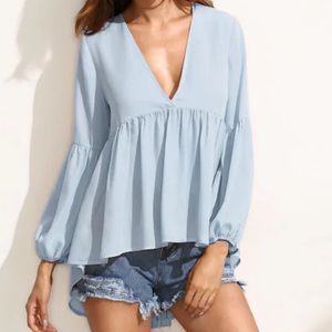 Asymmetrical Hem Lantern Sleeve Blouse